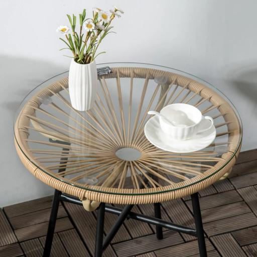 Mesa Auxiliar de Ratán Sintético Redonda para Exteriores con Encimera de Vidrio Templado Ø50x50 cm Beige [4]