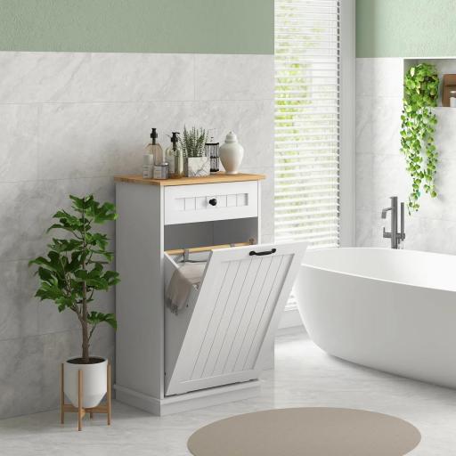 Armario de Baño con Cajón Cesto para la Ropa y Diseño Anti-vuelco Mueble de Baño Moderno 52x33x90 cm Blanco