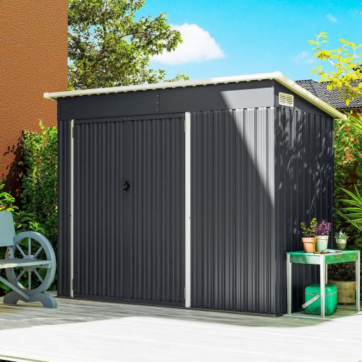 Cobertizo de Jardín Exterior 2,7 m² 234x132x185 cm con Triple Puerta Cerradura y Ranuras de Ventilación Gris [2]