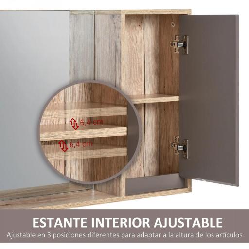 Armario de Baño con Espejo Mueble Auxiliar Montado en Pared con 1 Puerta y Estante Ajustable Estilo Moderno 57x14,2x49,2 cm Roble y Gris [4]