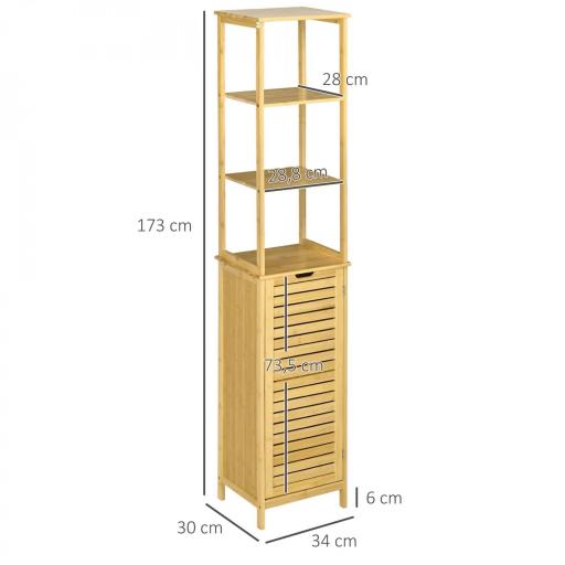 Estantería de Baño de Bambú Armario Alto para Baño con 3 Estantes y 1 Puerta Mueble Columna de Almacenaje 34x30x173 cm Natural [1]