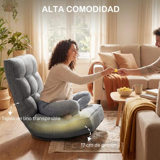 Silla de Suelo Plegable Silla de Lectura Giratoria 360° con Respaldo Ajustable en 5 Posiciones 58x107x79 cm Gris [4]