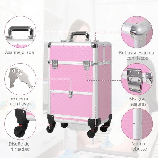 Maletín de Maquillaje Profesional con Cajón Maleta de Maquillaje con Ruedas para Viaje Trabajo 34x25x62 cm Rosa [9]