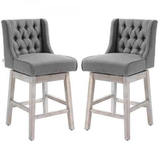Juego de 2 Taburetes de Bar con Respaldo Taburetes Altos de Cocina Giratorios 180° Patas de Madera 46x57x101 cm Gris [9]