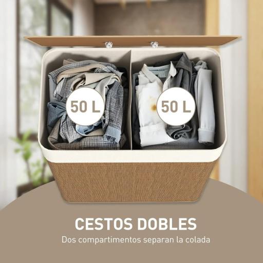 Cesto de Ropa Sucia de Bambú con 2 Compartimentos Asas para Facilitar el Uso y Bolsas Desmontables Lavables 52x32x63 cm [4]