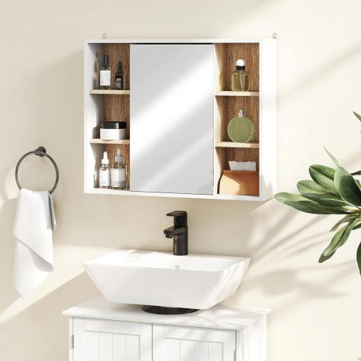 Armario Espejo con Espacio Interno con Estantes Ajustables Armario de Baño Montado en la Pared con Estantes Abiertos 60x14,5x49,4 cm Blanco y Roble [7]