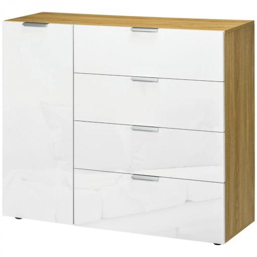 Aparador de Salón Cajonera y Cómoda con 4 Cajones Puerta y Estantes Ajustables 105x35x92 cm Blanco y Natural [8]