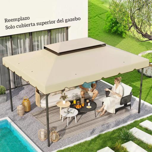 Toldo de Recambio para Cenador 4x3 m con Techo Doble Orificios de Drenaje Solo Toldo NO Incluye Marco Beige