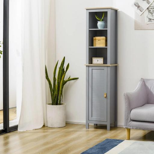 Armario Alto de Baño Moderno Mueble Columna de Baño con 1 Puerta Estante Ajustable y 3 Compartimentos 39x30x168 cm Gris [3]