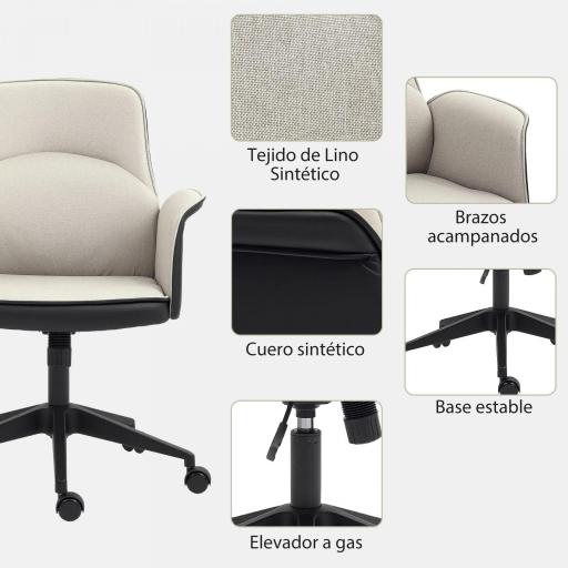 Silla de Escritorio Altura Ajustable con Función de Basculante y Reposabrazos Carga 120 kg Beige y Negro [7]