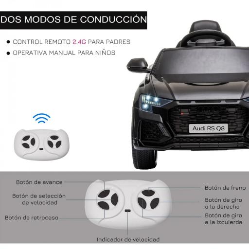 Coche Eléctrico Infantil +3 Años Licencia Audi RS Q8 con Batería 6V 2 Motores Mando a Distancia Música Bocina y Luces Velocidad Máx. 3km/h 101x62x51 cm Negro [3]