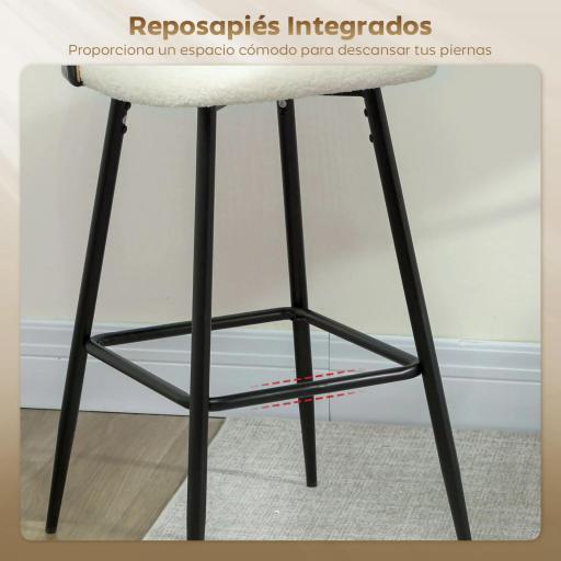 Juego de 2 Taburetes de Bar con Respaldo de Ratán Asiento Tapizado en Borreguito Marco de Acero y Reposapiés Crema [4]