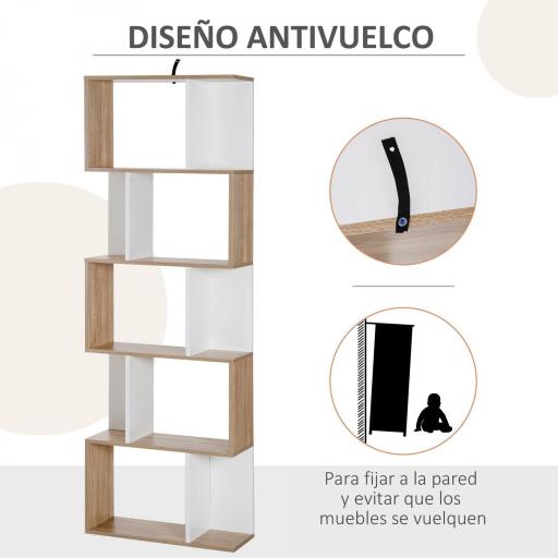 Estantería en Forma de S Alta con 5 Estantes Diseño Moderno para Salón Oficina 60x24x184,5cm Blanco y Madera [4]