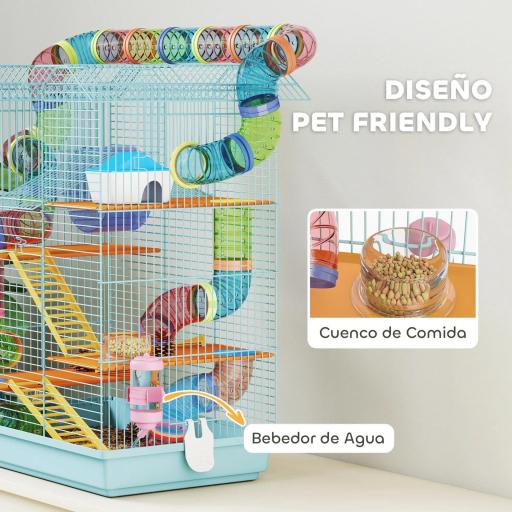 Jaula para Hámster de Múltiples Niveles con Tubos Plataformas Comedero Bebedero Casita Rueda Escaleras 47x30x59 cm Azul [3]