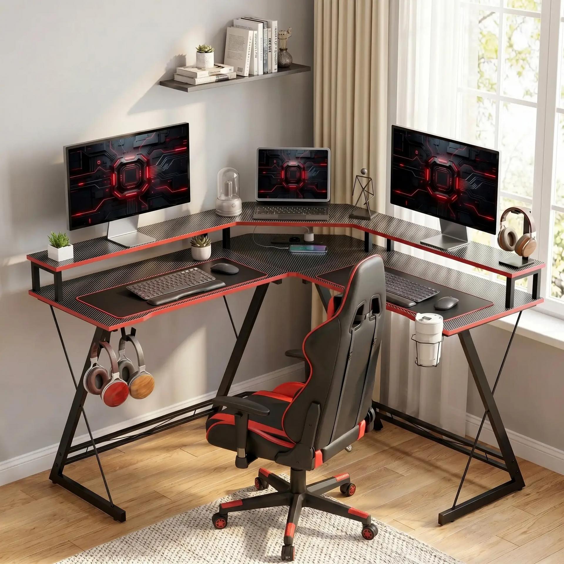 Escritorio Esquinero con Enchufes en Forma de L 128x128 cm con Soporte para Monitor Gancho y Portavasos Negro