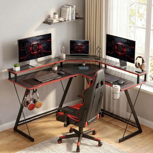 Escritorio Esquinero con Enchufes en Forma de L 128x128 cm con Soporte para Monitor Gancho y Portavasos Negro