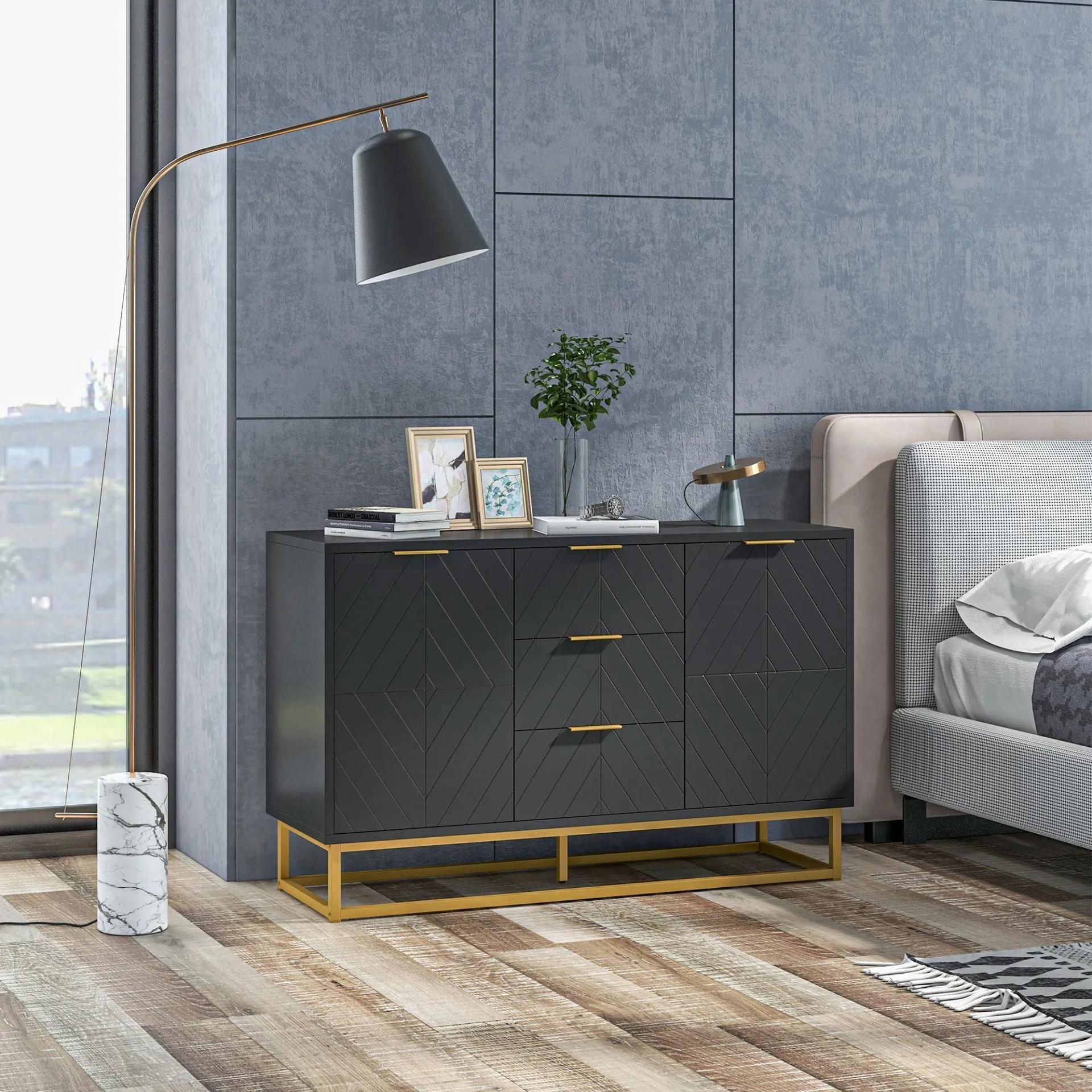Aparador para Salón con 3 Cajones 2 Puertas y Estante Ajustable Mueble Auxiliar para Salón Antivuelco 120x40x76 cm Negro