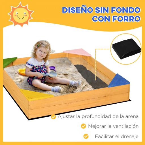 Arenero Infantil de Madera para Niños de 3-8 Años con Tela no Tejida y 4 Asientos para Jardín 109x109x19,8 cm Natural [2]