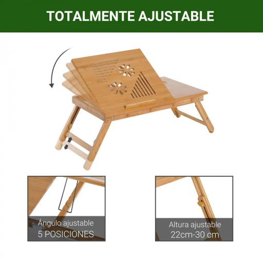 Mesa Plegable de Bambú, Mesa de Ordenador Portátil, para Cama y Sofá, Altura Ajustable, Cajón, Patas Plegables, para Leer, Escribir, Comer, Trabajar, Natural [9]