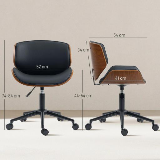 Silla de Escritorio sin Brazos Vintage Giratoria Tapizada en PU Madera Curvada Altura Ajustable Negro y Marrón [1]