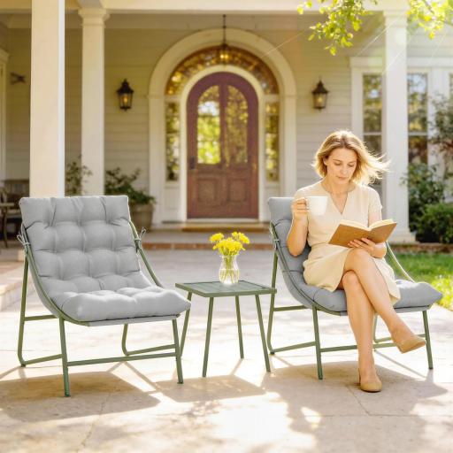 Conjunto de Jardín de 3 Piezas con 2 Sillas Lounge Mesa de Café y Cojines para Exterior Patio Balcón Gris Claro [3]