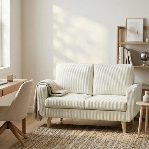 Sofá de 2 Plazas de Pana 134 cm con Patas de Madera Respaldo Grueso Sofá Moderno para Salón Dormitorio Crema [5]