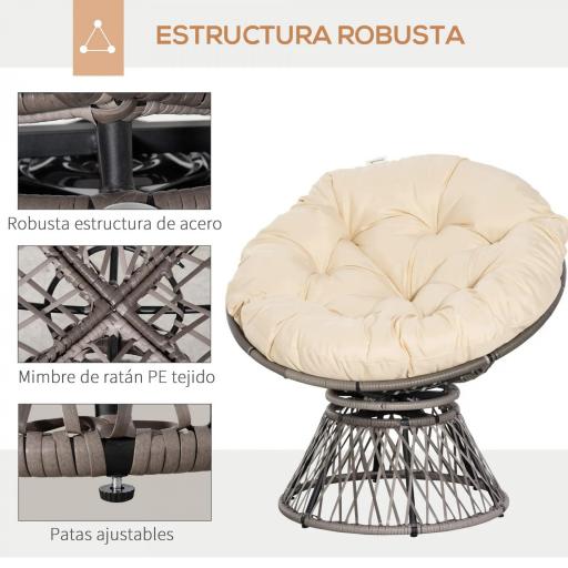 Sillón Papasan Giratorio de Ratán Sintético con Cojín Carga 160 kg para Exterior Jardín Terraza 87x97x86 cm Gris y Crema [3]