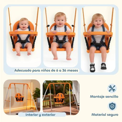 Columpio para Bebés Columpio Jardín Exterior de Acero con Respaldo Cinturón de Seguridad Carga 25 kg Naranja [2]