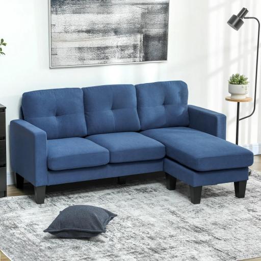 Sofá Chaise Longue Reversible con Estructura de Acero Tapizado en Chenilla 186x130x84cm Azul