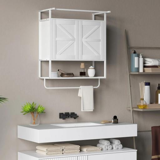 Armario de Pared para Baño Mueble de Baño Suspendido con 2 Puertas Estante Toallero 63x34x75 cm Blanco [6]