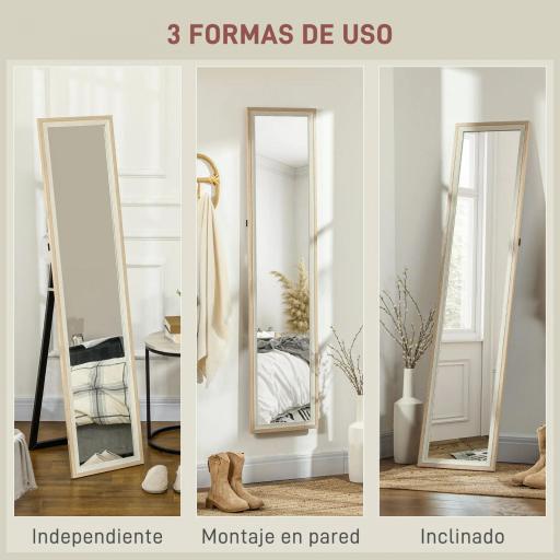 Espejo de Cuerpo Entero 157x37 cm Espejo de Pie o de Pared con Marco de MDF y Soporte Blanco y Natural [7]