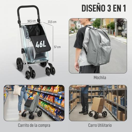 Carrito de Compra Plegable de 46 L Carro 3 en 1 con 6 Ruedas Bolsa Térmica y Asa Ajustable 44x58x100 cm Gris [2]