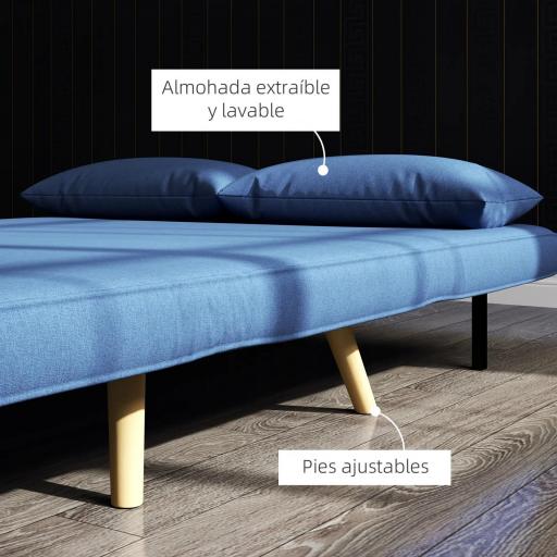 Sofá Cama de 2 Plazas Tapizado en Lino con Respaldo Ajustable en 5 Posiciones y 2 Almohadas 120x75x85 cm Azul Oscuro [3]
