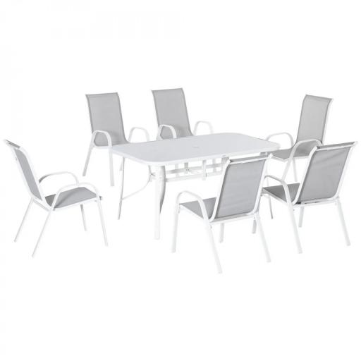 Juego de Mesa y 6 Sillas para Terraza con Orificio para Sombrilla y Encimera de Cristal para Terraza Patio Gris [8]