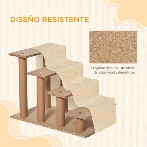 Escalera para Mascotas de 4 Peldaños 2 en 1 con Funda Extraíble y Lavable Escalera Rascadora de Perros 60x35x44 cm Beige [2]