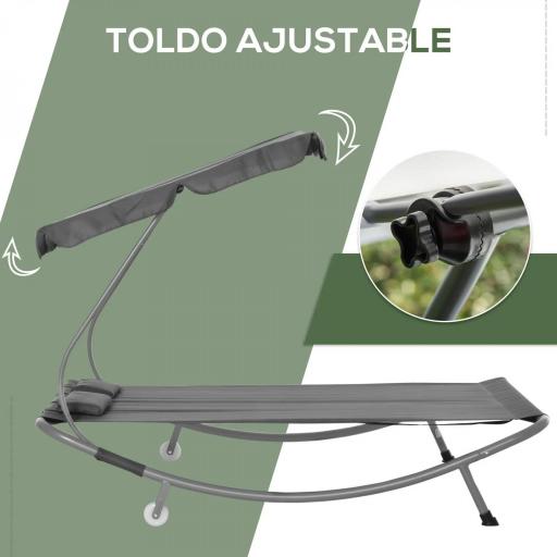 Tumbona Doble con Toldo Ajustable Tumbona de Jardín para 2 Personas con Cojines y 2 Ruedas 200x175x134 cm Gris [2]