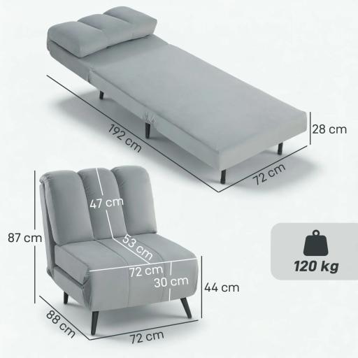 Sillón Cama Individual 3 en 1 Sofá Cama Plegable con Respaldo Ajustable y Cojín Grueso para Salón 72x88x87 cm Gris [1]