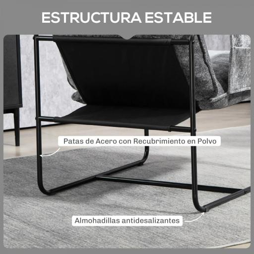 Butaca Moderna para Relax con Tapizado en Chenilla Estructura de Acero y Reposabrazos con Bolsillos 68x76x81 cm Gris [4]