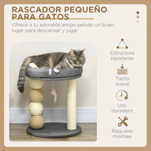 Árbol Rascador para Gatos Pequeño Torre para Gatos con Nido 4 Bolas y Poste de Sisal Carga 15 kg Ø40x48 cm Gris y Beige [3]