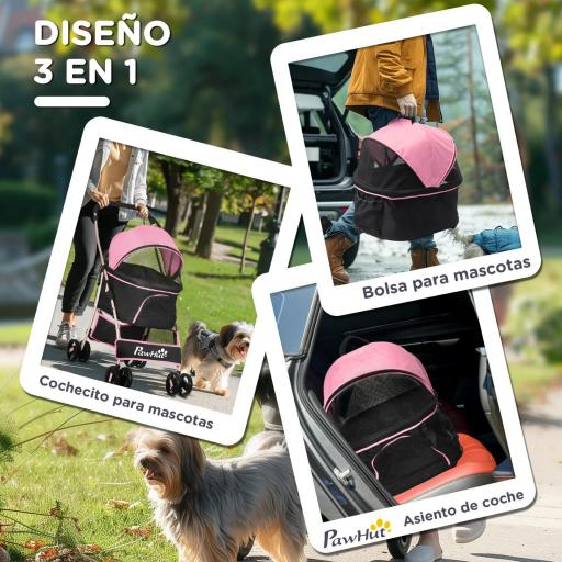 Carrito para Perros Pequeños 3 en 1 con Vagón Desmontable Cesta de Almacenaje Correas de Seguridad y Cojín Rosa [3]