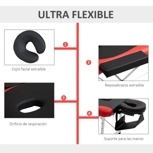 Camilla Masaje Plegable, Camilla Estética Profesional de Aluminio con Altura Ajustable, 3 Zonas, Reposacabezas, Reposabrazos, para Tatuaje, Fisioterapia, Negro y Rojo [9]