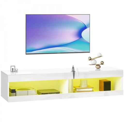 Mueble de TV Suspendido con Luces LED con Control Remoto Compartimentos Orificios Pasacables 140x40x30 cm Blanco Brillo [9]