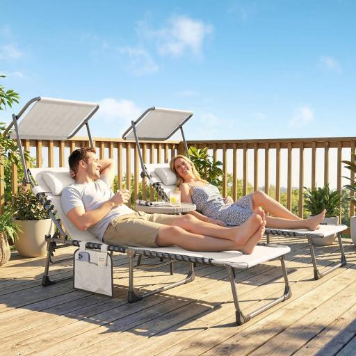 Set de 2 Tumbonas Plegables con Reposacabezas Parasol Bolsillo Lateral y Respaldo Reclinable en 5 Posiciones Crema [4]