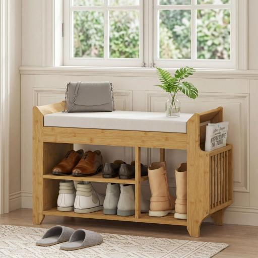 Banco Zapatero con Asiento Acolchado Almacenamiento Lateral Estante para Botas Marco de Bambú 80x30x50 cm Natural [3]