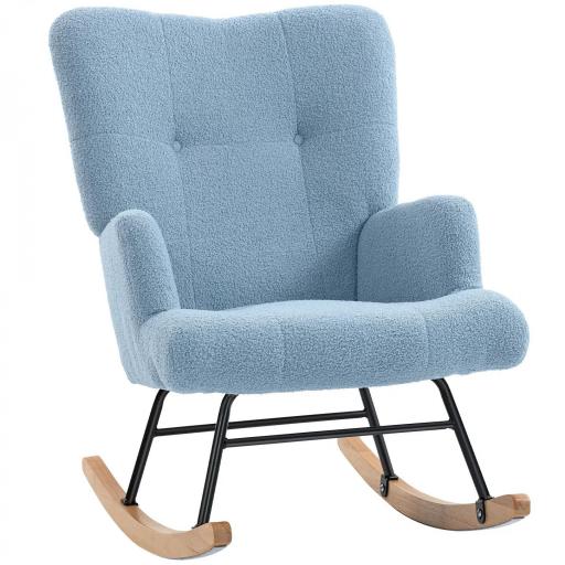 Silla Mecedora de Terciopelo de Teddy con Respaldo Alto Patas de Madera de Caucho Reposabrazos Azul Claro [8]