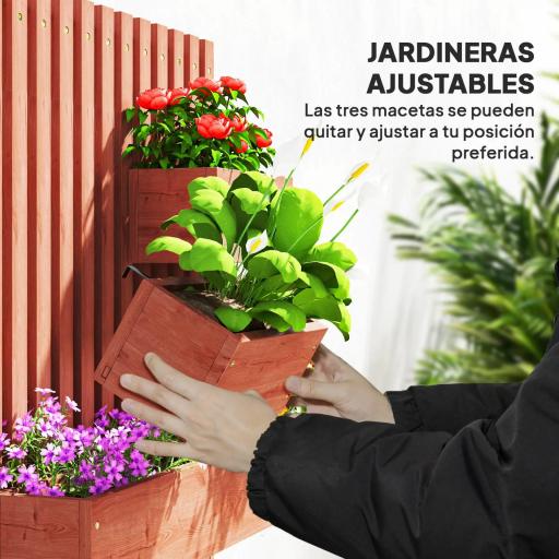 Jardinera de Pared de Madera con Enrejado y 3 Macetas Móviles para Jardín Terraza Patio 60x16x80 cm Marrón [5]