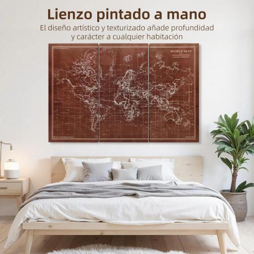 Cuadros en Lienzo Trípticos Mapamundi Vintage a Mano 120x60 cm con Marco de Madera Decoración para Dormitorio Marrón [4]