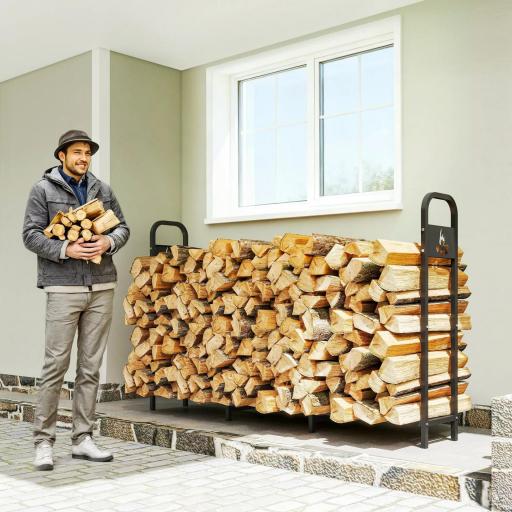 Leñero Exterior Metálico de Chimenea Carga 300 kg con Patas Extra Reforzadas y Diseño Recortado de Fogata Negro