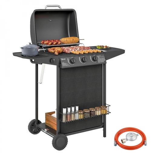 Barbacoa de Gas con 3 Quemadores Quemador Lateral Tapa con Termómetro Parrilla y Mesa Lateral Ruedas 108x54x97 cm Negro [7]