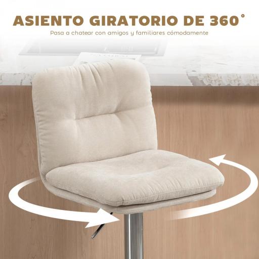 Juego de 2 Taburetes Altos de Cocina Giratorios Tapizados de Lino con Altura Ajustable Respaldo y Reposapiés Beige [5]